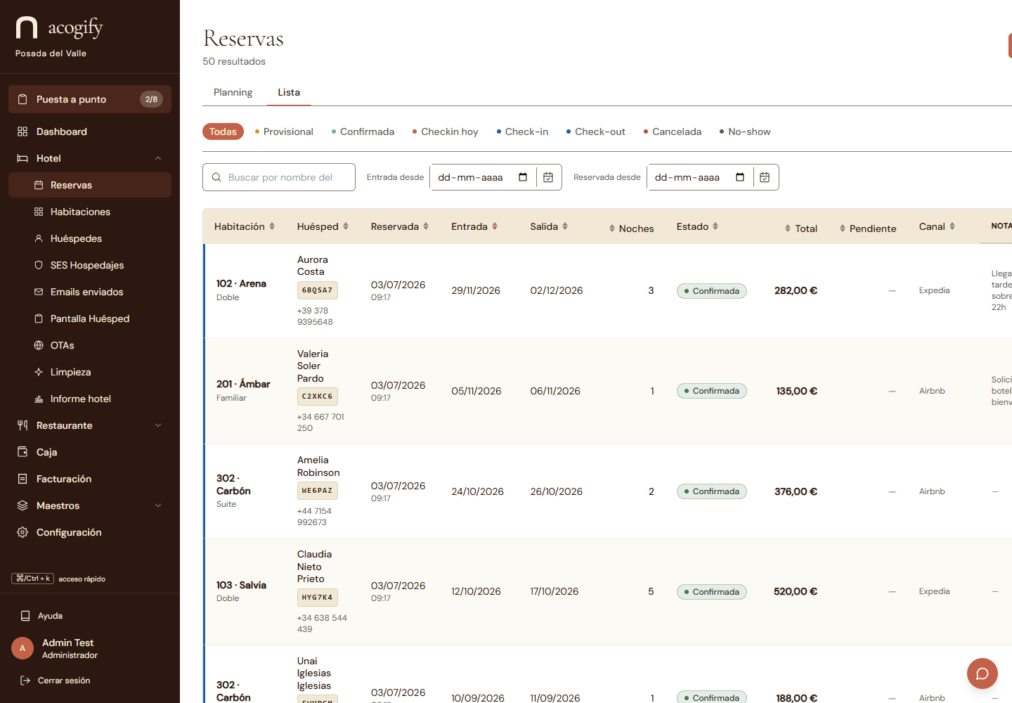 El listado de reservas con filtros por estado, buscador en vivo y columnas ordenables.