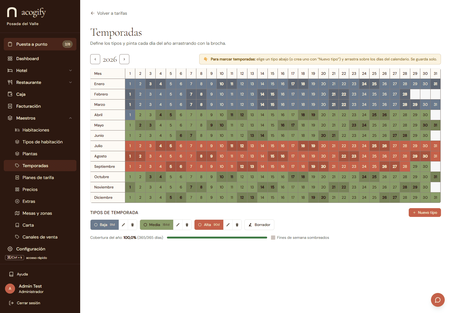 El calendario de temporadas: cada color es un tipo de temporada y se pinta directamente sobre los días.