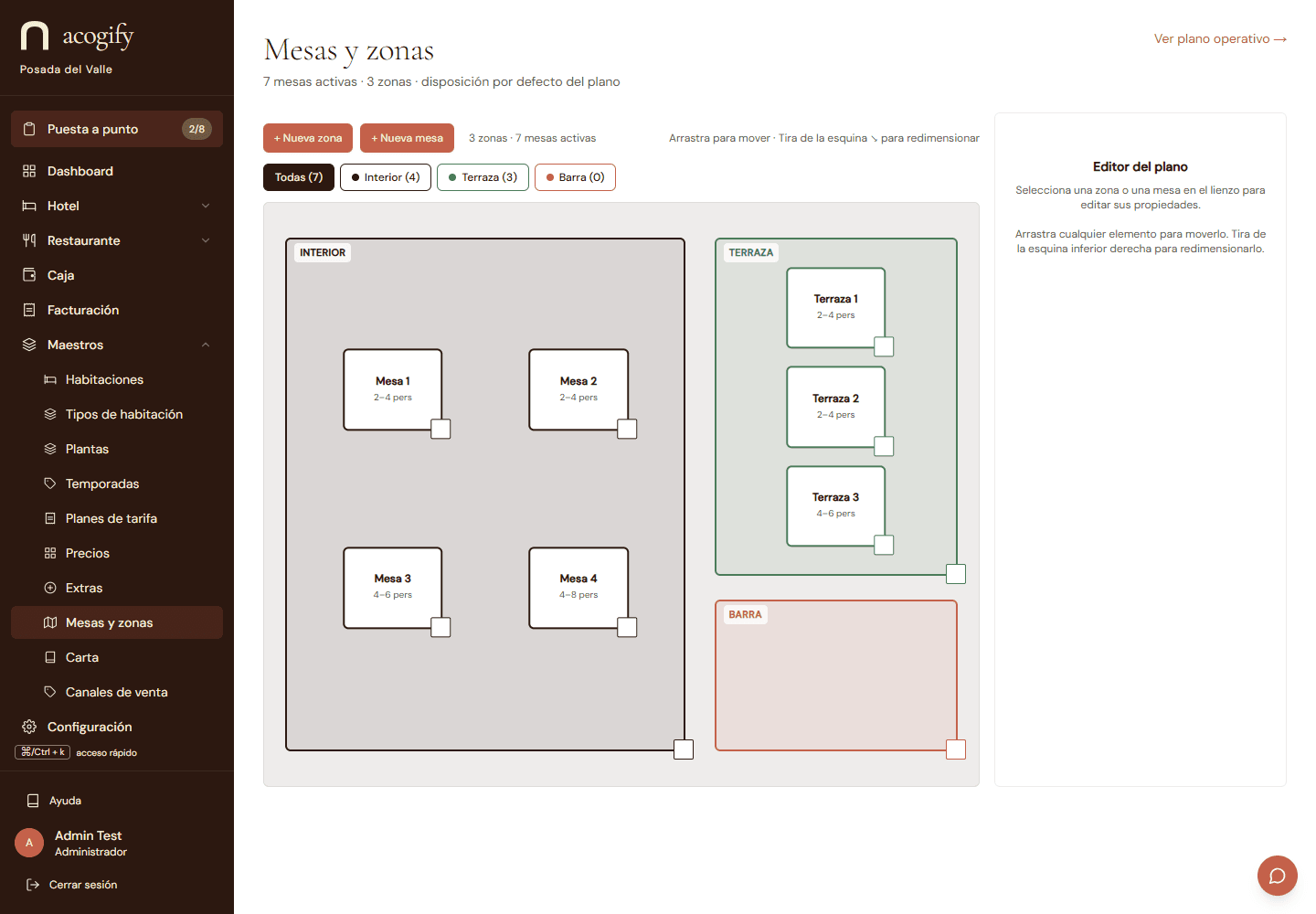 El editor visual del plano: zonas y mesas se dibujan y redimensionan arrastrando con el ratón.