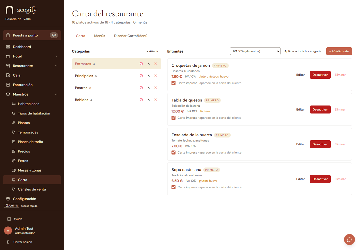 La carta del restaurante: categorías, platos, precios y alérgenos que alimentan comandas y cocina.