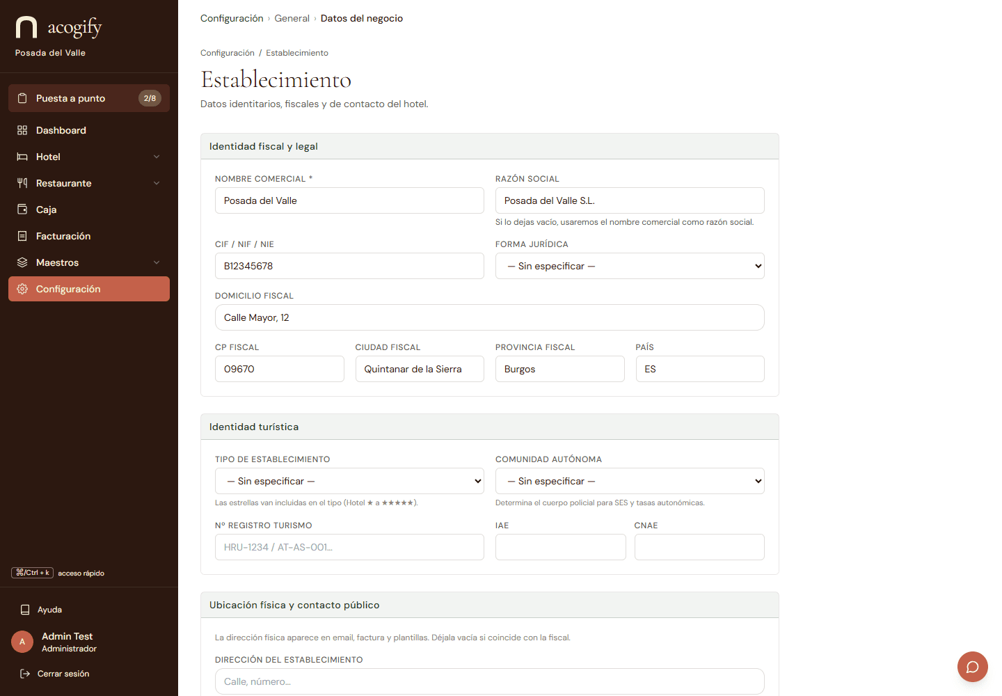 Los datos del negocio: identidad comercial, fiscal y de contacto en un solo formulario.