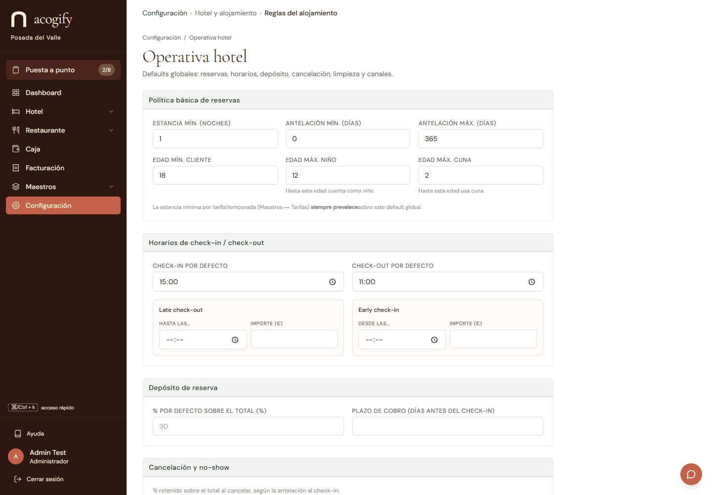 Las reglas operativas del hotel: llegadas, salidas, reservas y limpieza a tu manera.