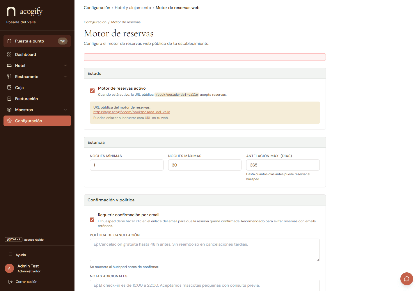 La configuración del motor de reservas: activación, políticas, depósito y textos públicos.