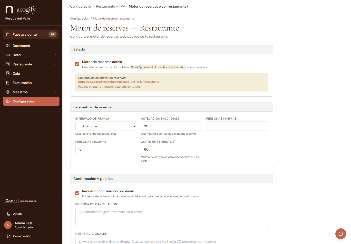La configuración del motor del restaurante: horarios por turno, capacidad, antelación y confirmaciones.