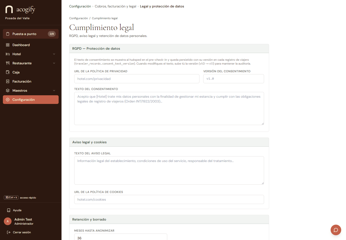 La configuración de cumplimiento: responsable, textos legales y consentimientos que verá el huésped.