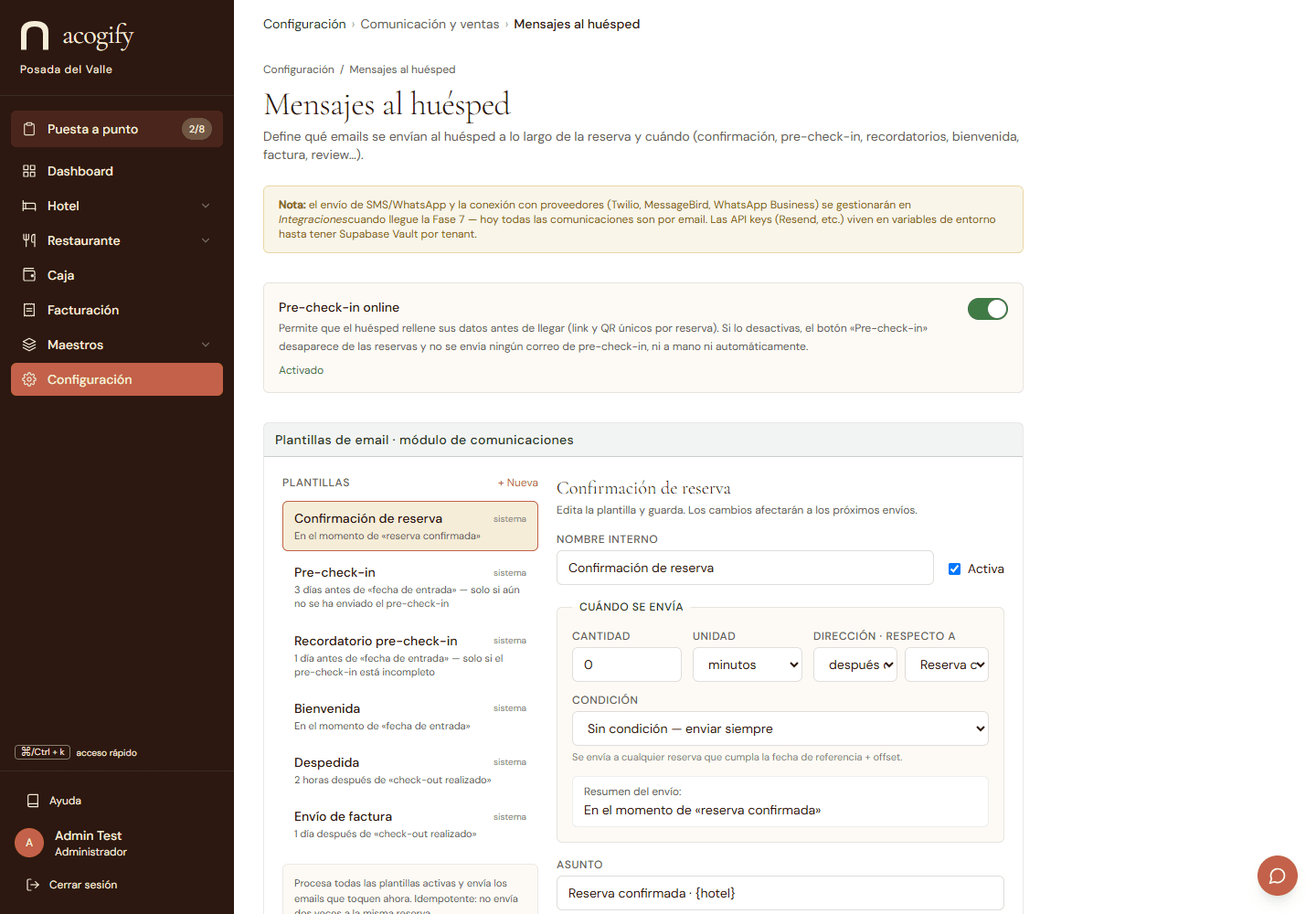 Las plantillas de email: cada una con su momento de envío, su condición y su contenido editable.