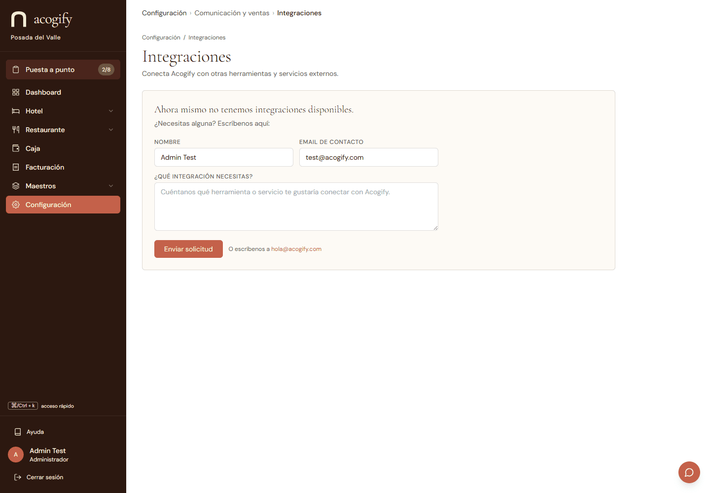 El panel de integraciones: cada servicio externo con su estado de conexión.