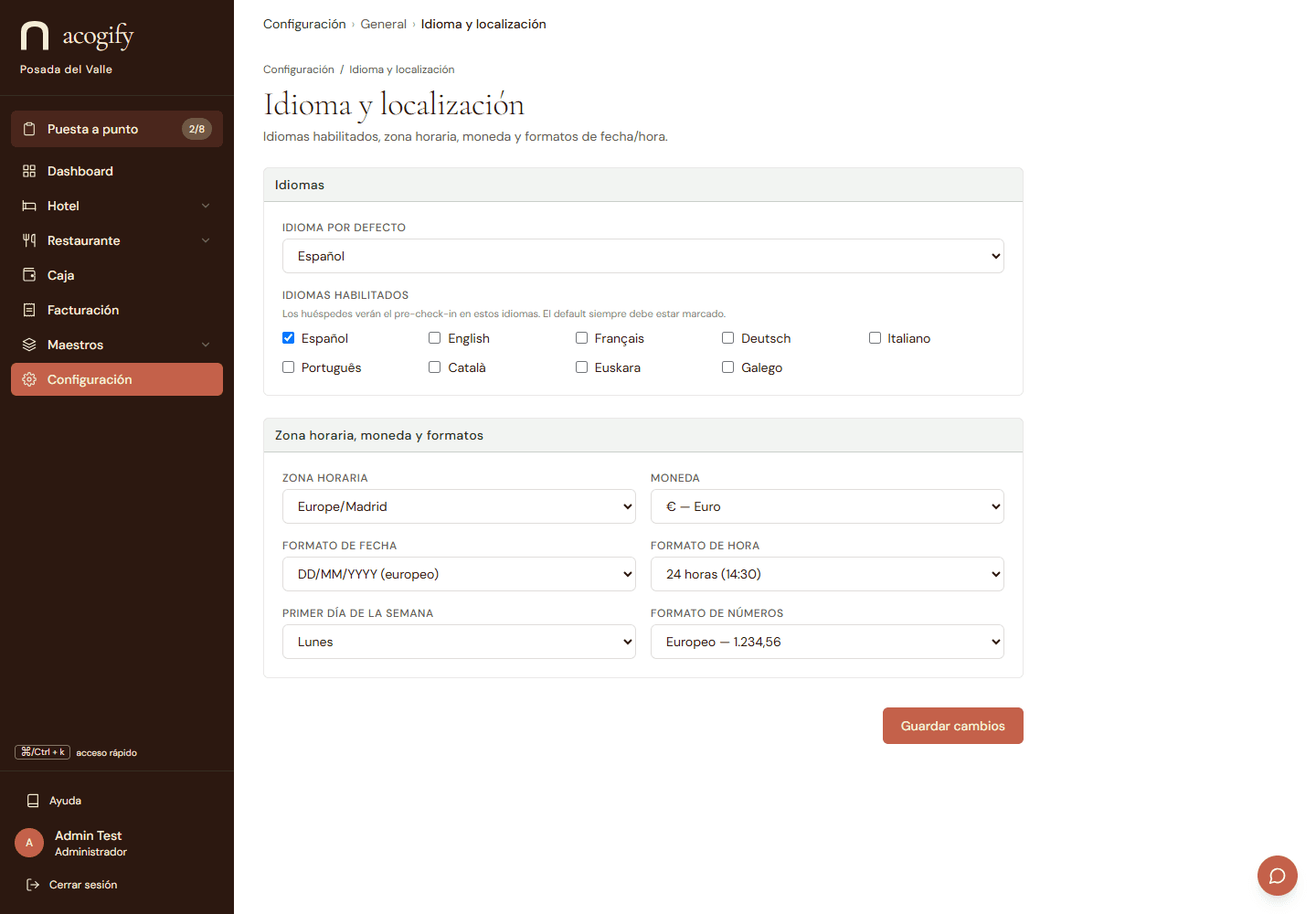 La configuración de localización: idioma, zona horaria y formatos.