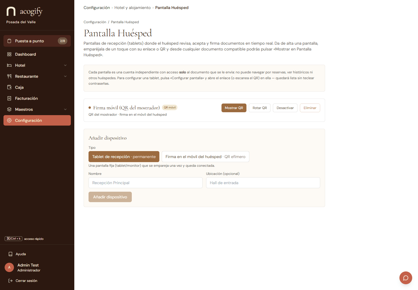 La configuración de la Pantalla Huésped: emparejado de dispositivos y comportamiento de las sesiones de firma.