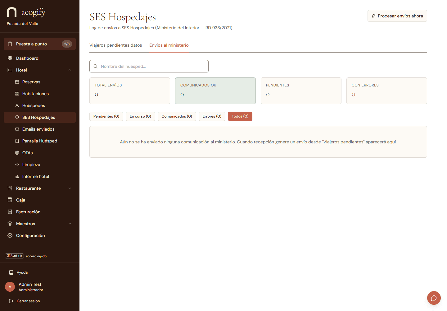 El historial de envíos a SES Hospedajes: estado de cada parte, errores detallados y reintentos.