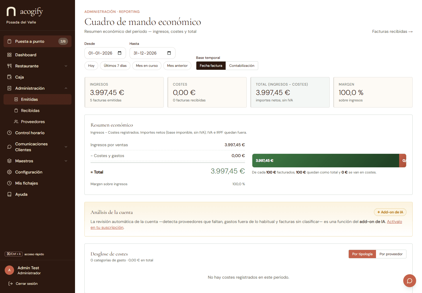 El cuadro de mando económico: ingresos − costes = total, la barra de reparto del margen, el toggle tipología/proveedor y el análisis de la cuenta por IA.