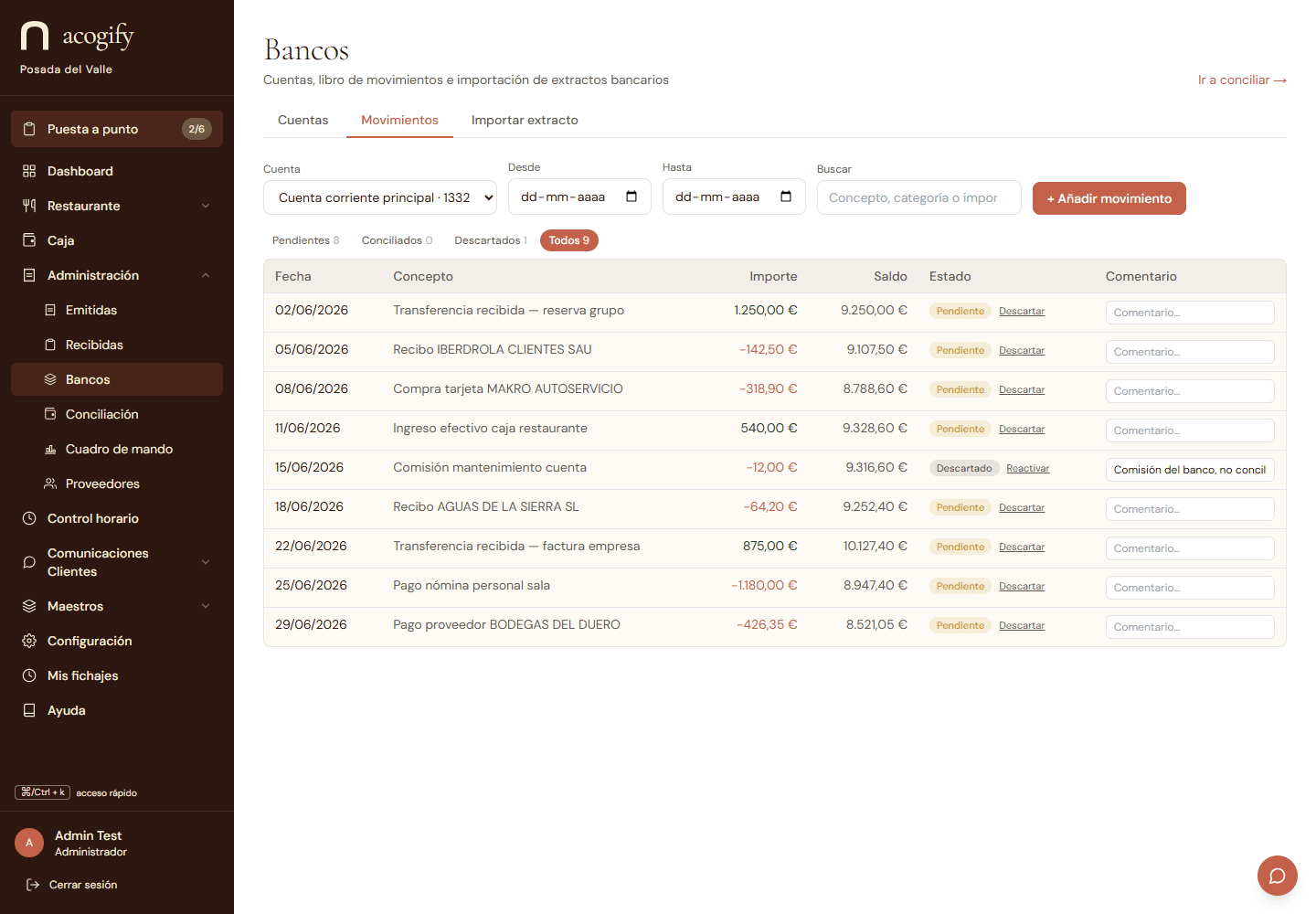 El libro de movimientos: selector de cuenta, filtros por estado, comentario por movimiento y aviso de huecos por saldo.