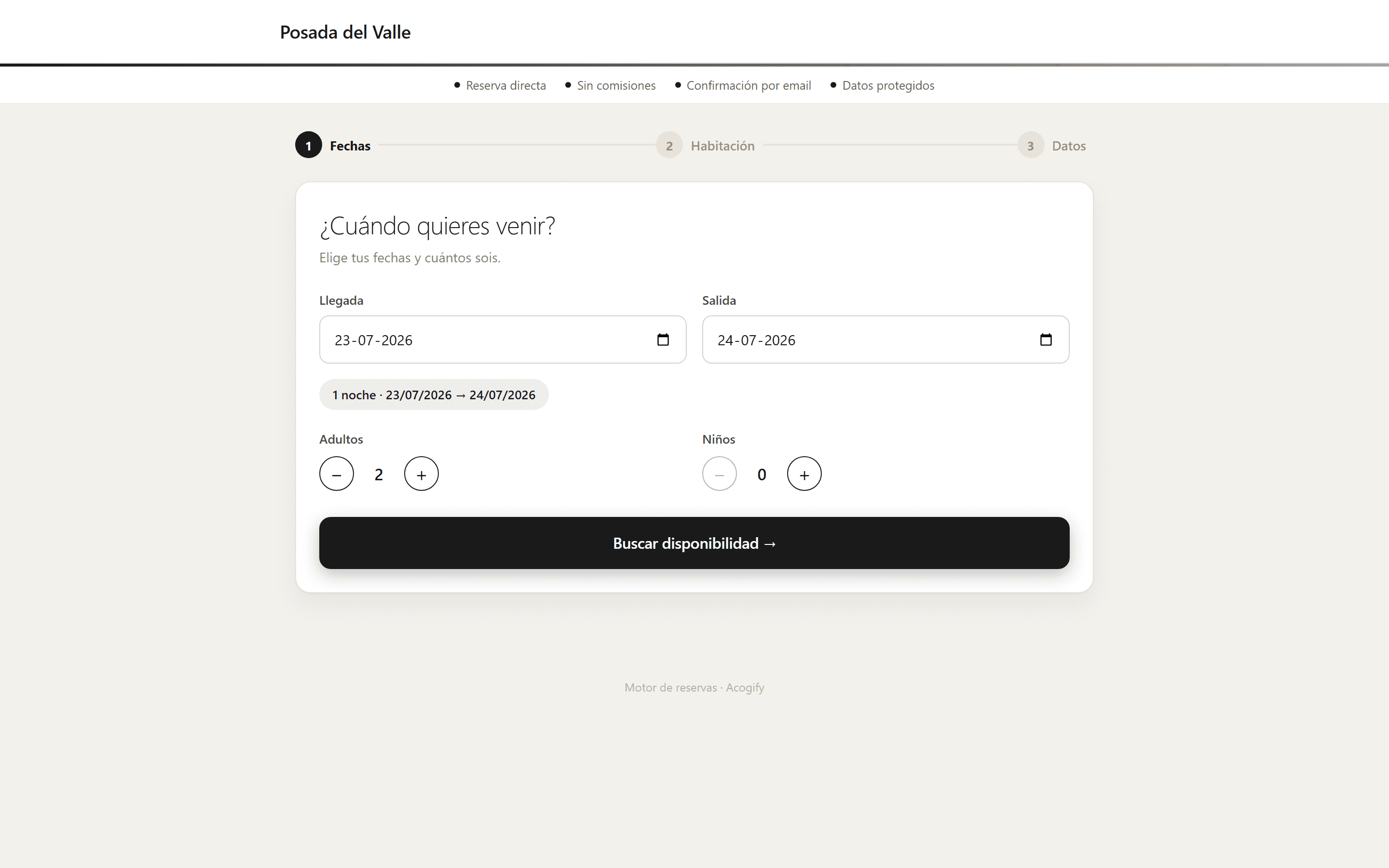 El motor de reservas visto por el huésped: habitaciones disponibles con fotos y precio real, listas para reservar.
