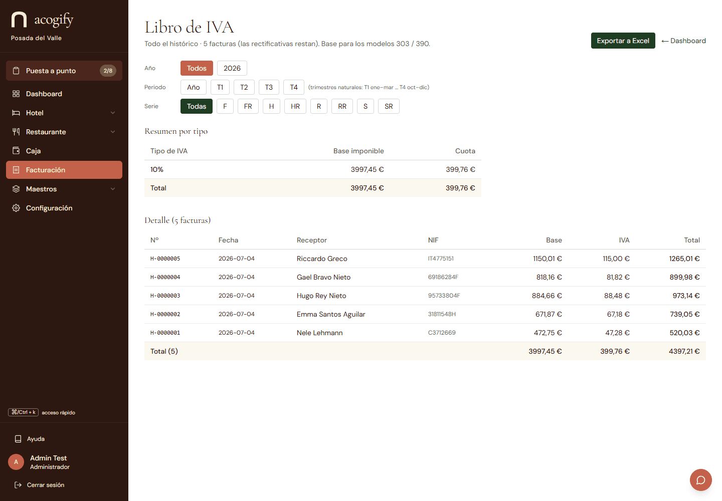 El libro de IVA: bases y cuotas desglosadas por tipo impositivo, listas para la asesoría.