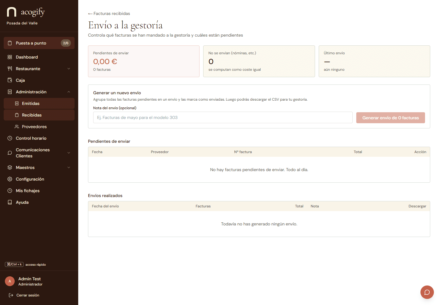Envío a la gestoría: las pendientes de enviar, las que no se envían pero computan, y el historial de envíos con su CSV descargable.