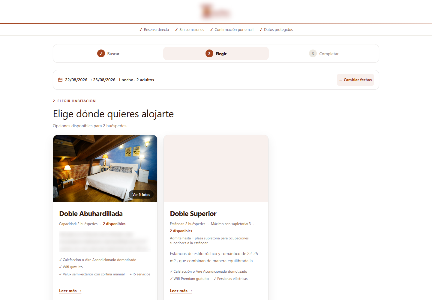 Motor de reservas de hotel: habitaciones disponibles con fotos, servicios y disponibilidad