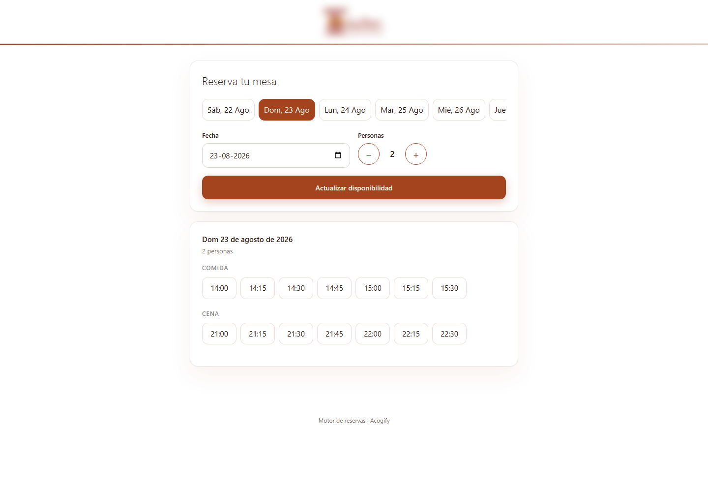 Motor de reservas de mesa: turnos de comida y cena con horas disponibles